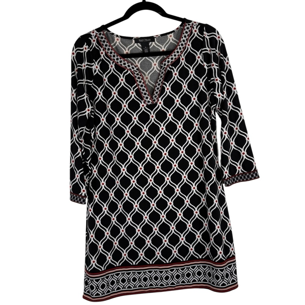 WHBM Womens Medium V Neck Tunic Top Detailed Pattern Career Work